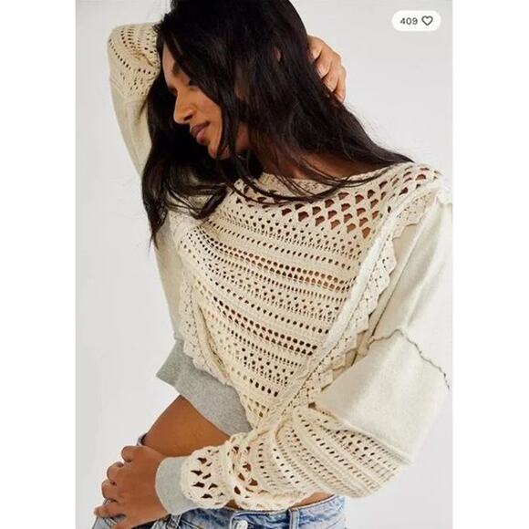 Free People Lace Of Base Oversized Crochet Knit Open Back Pieced Sweatshirt - Picture 2 of 11